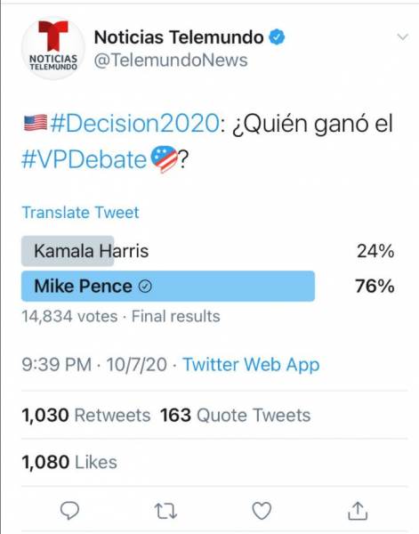 Telemundo Deletes Debate Poll Showing Mike Pence Defeated Kamala Harris